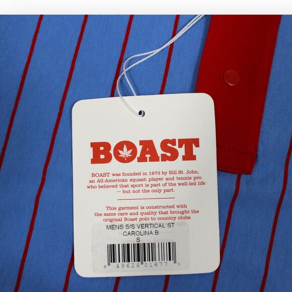 BOAST USA Men Small Vertical Stripe Polo Carolina Blue Red Leaf Logo NWT $95 - Picture 6 of 10